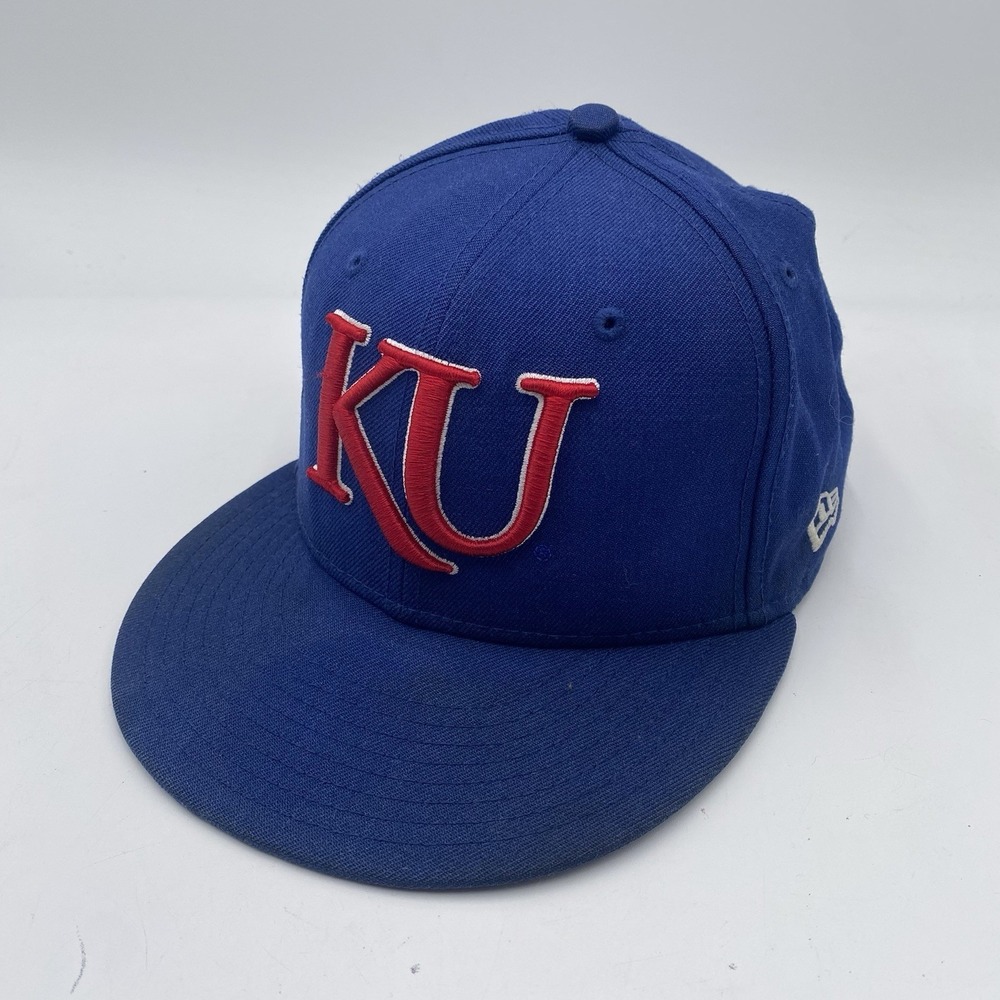 Kansas Jayhawks Hat New Era 59fifty Fitted Size 7 3/8 Blue Cleaned  VGC